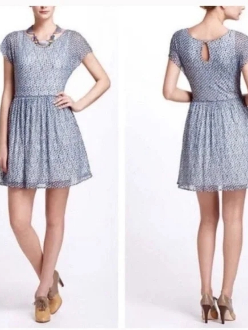 Anthropologie Light Blue Printed Short Sleeve Mini Dress with Keyhole Back XS